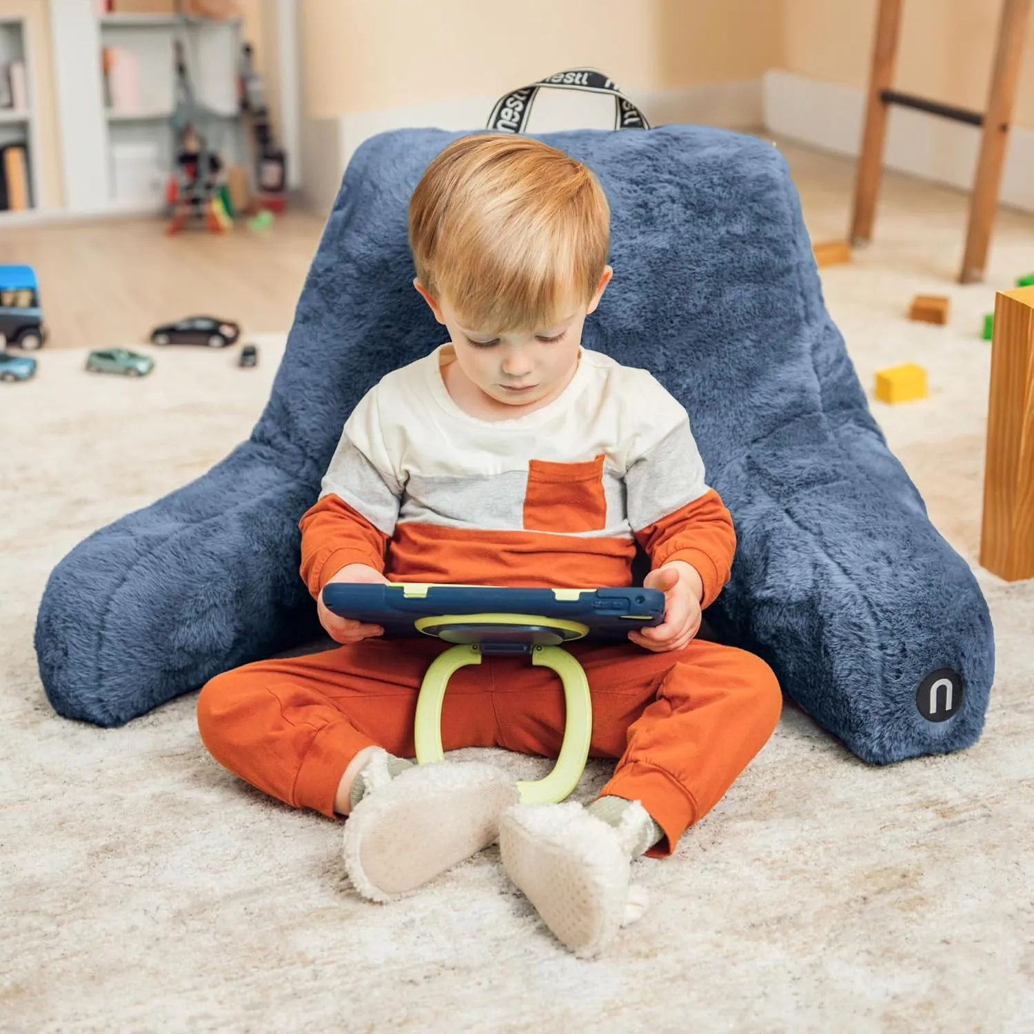 Nestl Fur Reading Pillow with Laptop Lap Desk, Stylish Back Pillow for Sitting Up, Lap Desk with Reading Pillows for Sitting in Bed Adult & Kids, Faux Fur Chair Pillow with Arms - Blue
