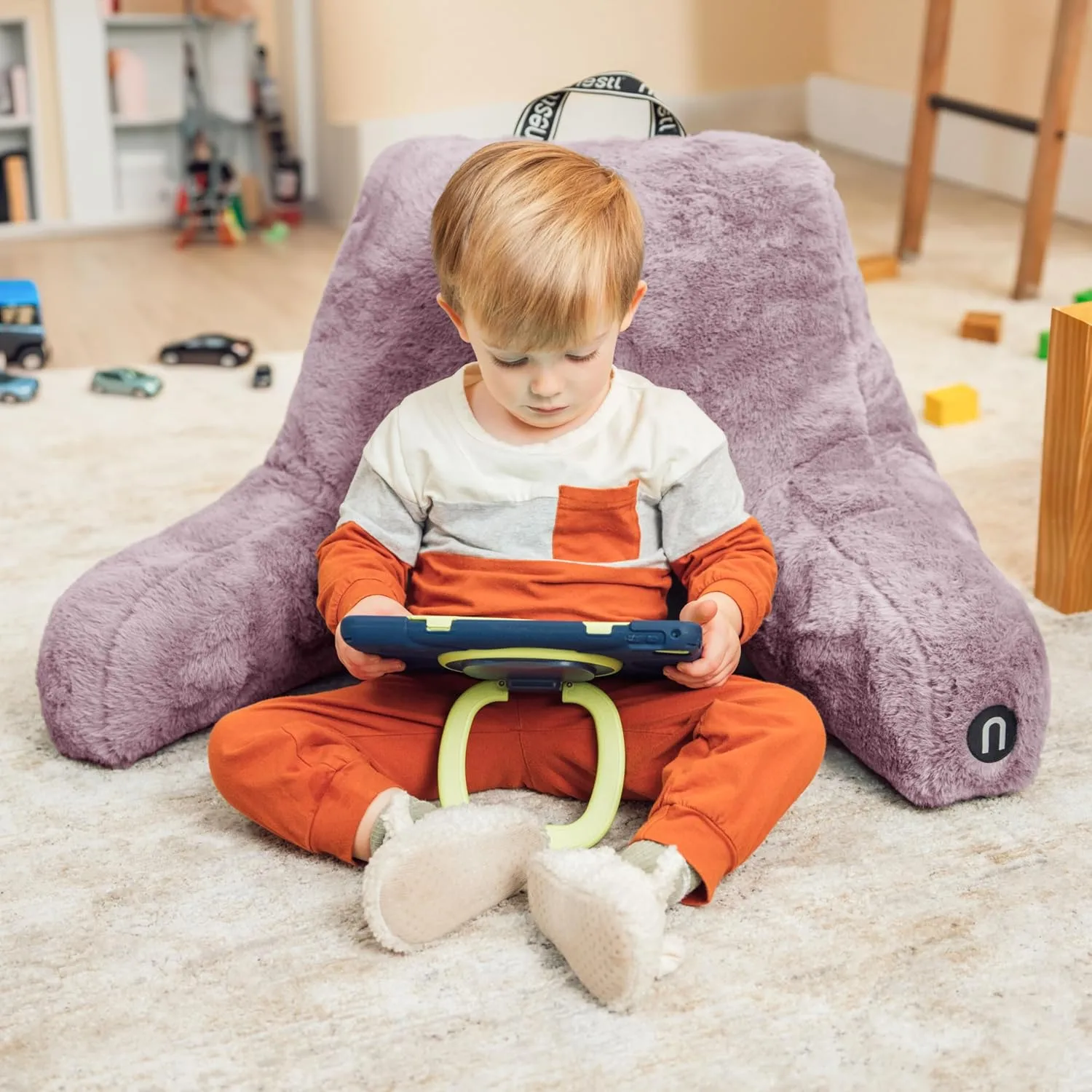 Nestl Fur Reading Pillow with Laptop Lap Desk, Stylish Back Pillow for Sitting Up, Lap Desk with Reading Pillows for Sitting in Bed Adult & Kids, Faux Fur Chair Pillow with Arms - Dusty Purple