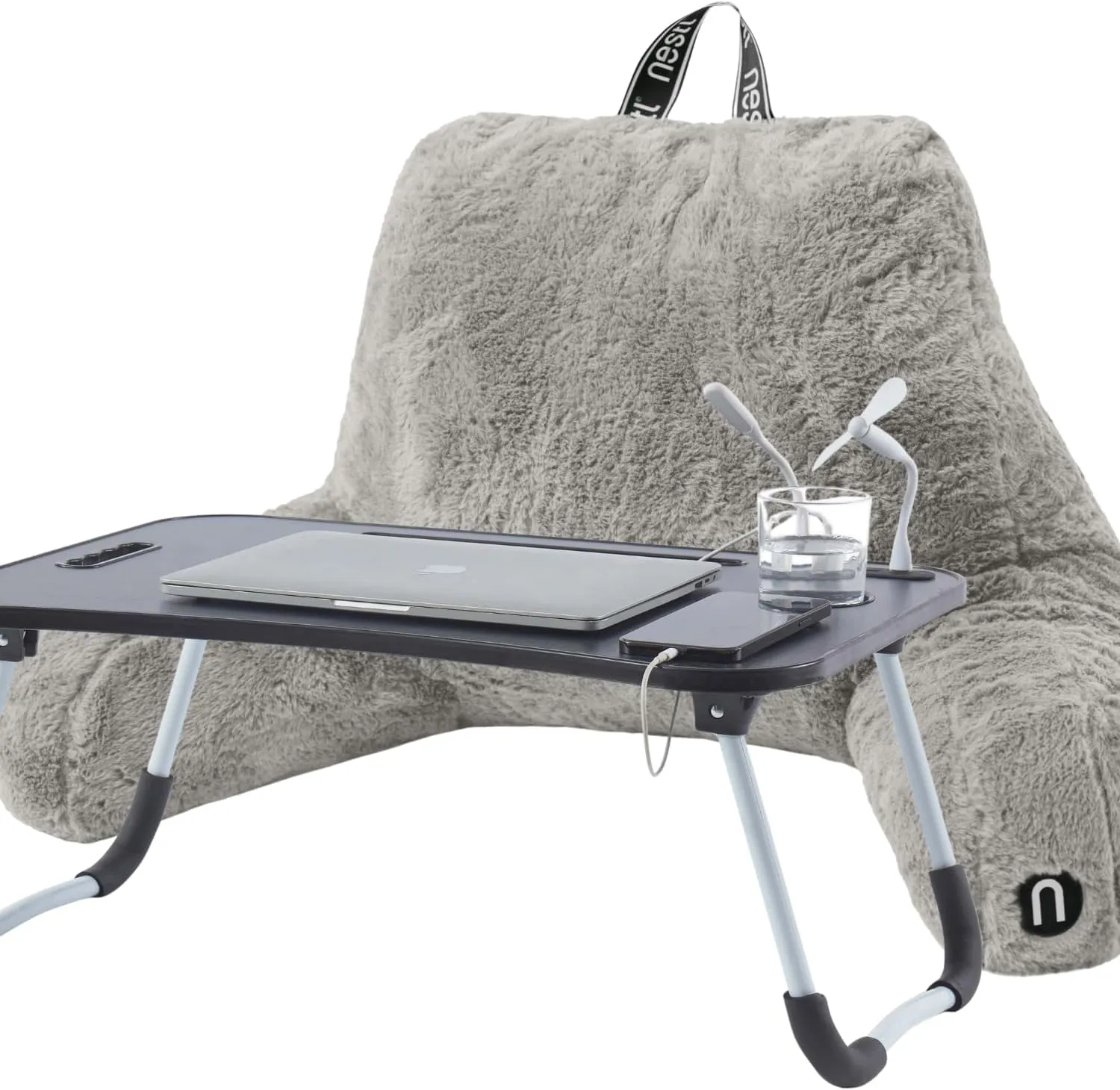 Nestl Fur Reading Pillow with Laptop Lap Desk, Stylish Back Pillow for Sitting Up, Lap Desk with Reading Pillows for Sitting in Bed Adult & Kids, Faux Fur Chair Pillow with Arms - Grey