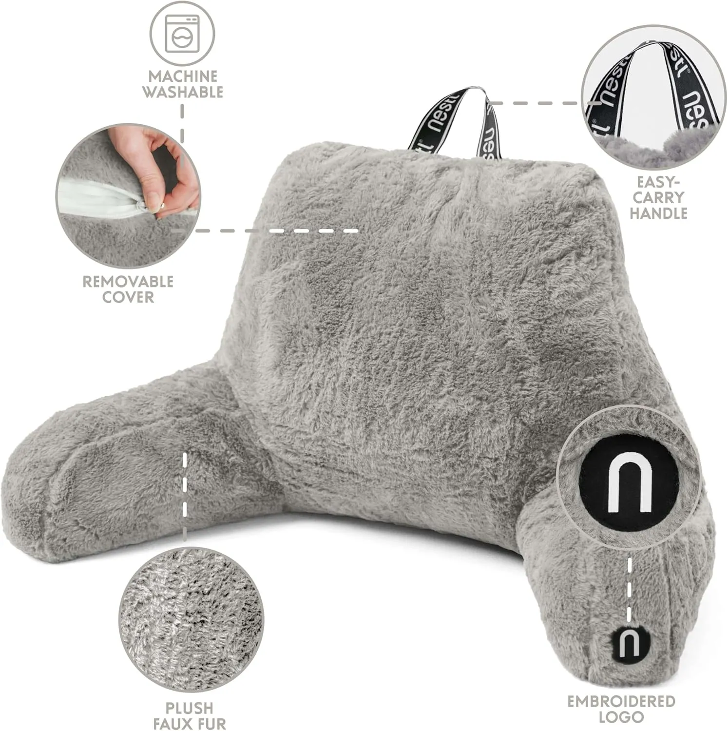 Nestl Fur Reading Pillow with Laptop Lap Desk, Stylish Back Pillow for Sitting Up, Lap Desk with Reading Pillows for Sitting in Bed Adult & Kids, Faux Fur Chair Pillow with Arms - Grey