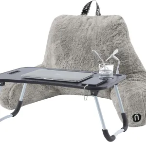 Nestl Fur Reading Pillow with Laptop Lap Desk, Stylish Back Pillow for Sitting Up, Lap Desk with Reading Pillows for Sitting in Bed Adult & Kids, Faux Fur Chair Pillow with Arms - Grey