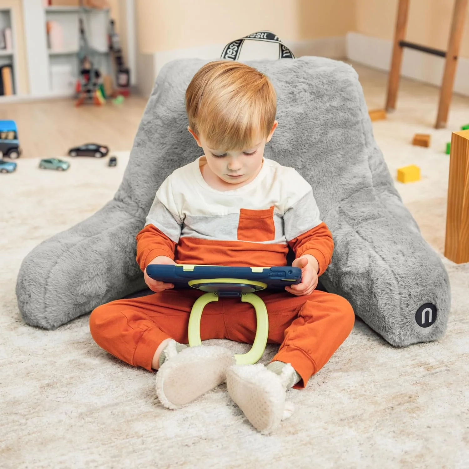 Nestl Fur Reading Pillow with Laptop Lap Desk, Stylish Back Pillow for Sitting Up, Lap Desk with Reading Pillows for Sitting in Bed Adult & Kids, Faux Fur Chair Pillow with Arms - Grey