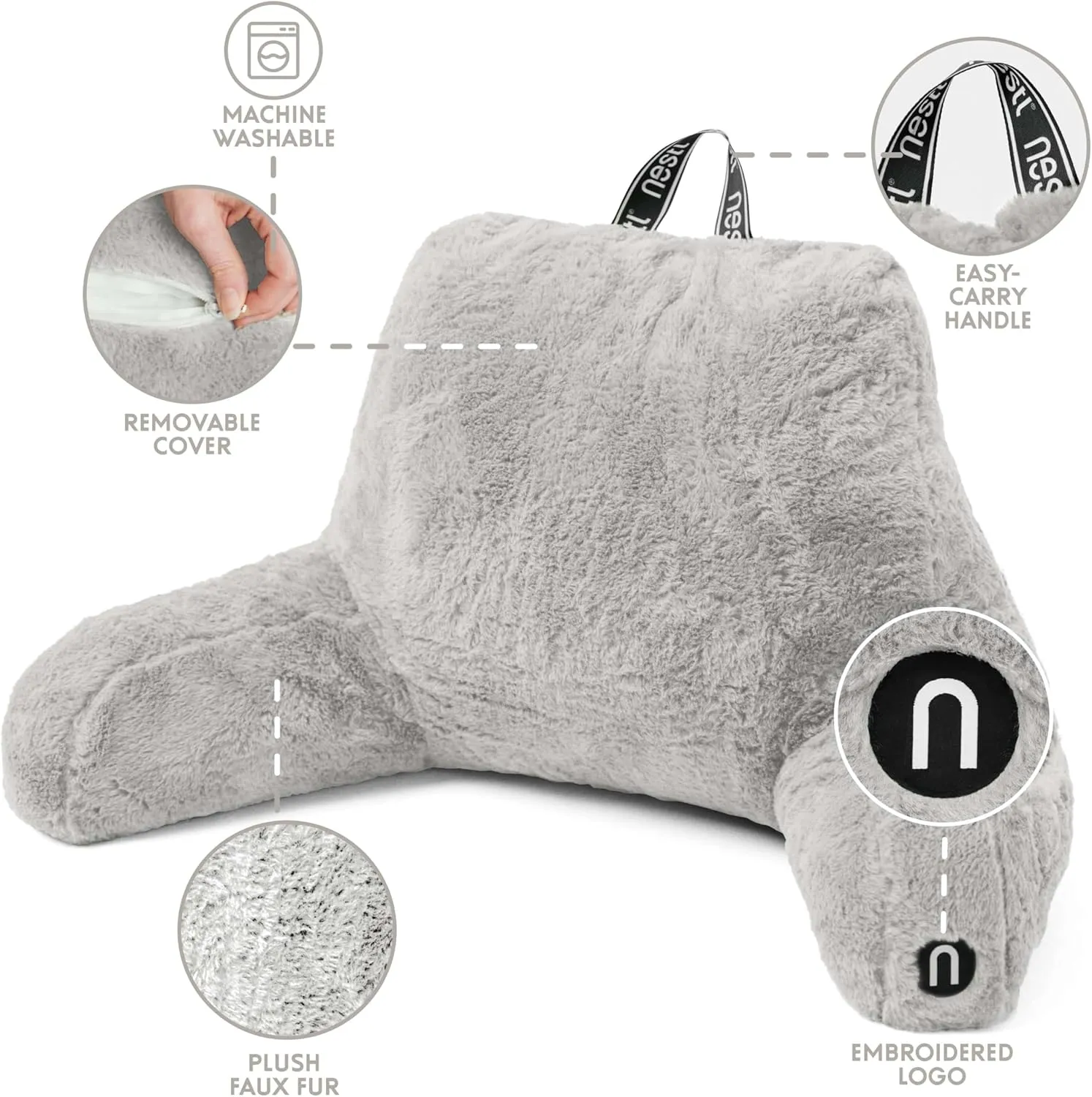 Nestl Fur Reading Pillow with Laptop Lap Desk, Stylish Back Pillow for Sitting Up, Lap Desk with Reading Pillows for Sitting in Bed Adult & Kids, Faux Fur Chair Pillow with Arms - Light Grey