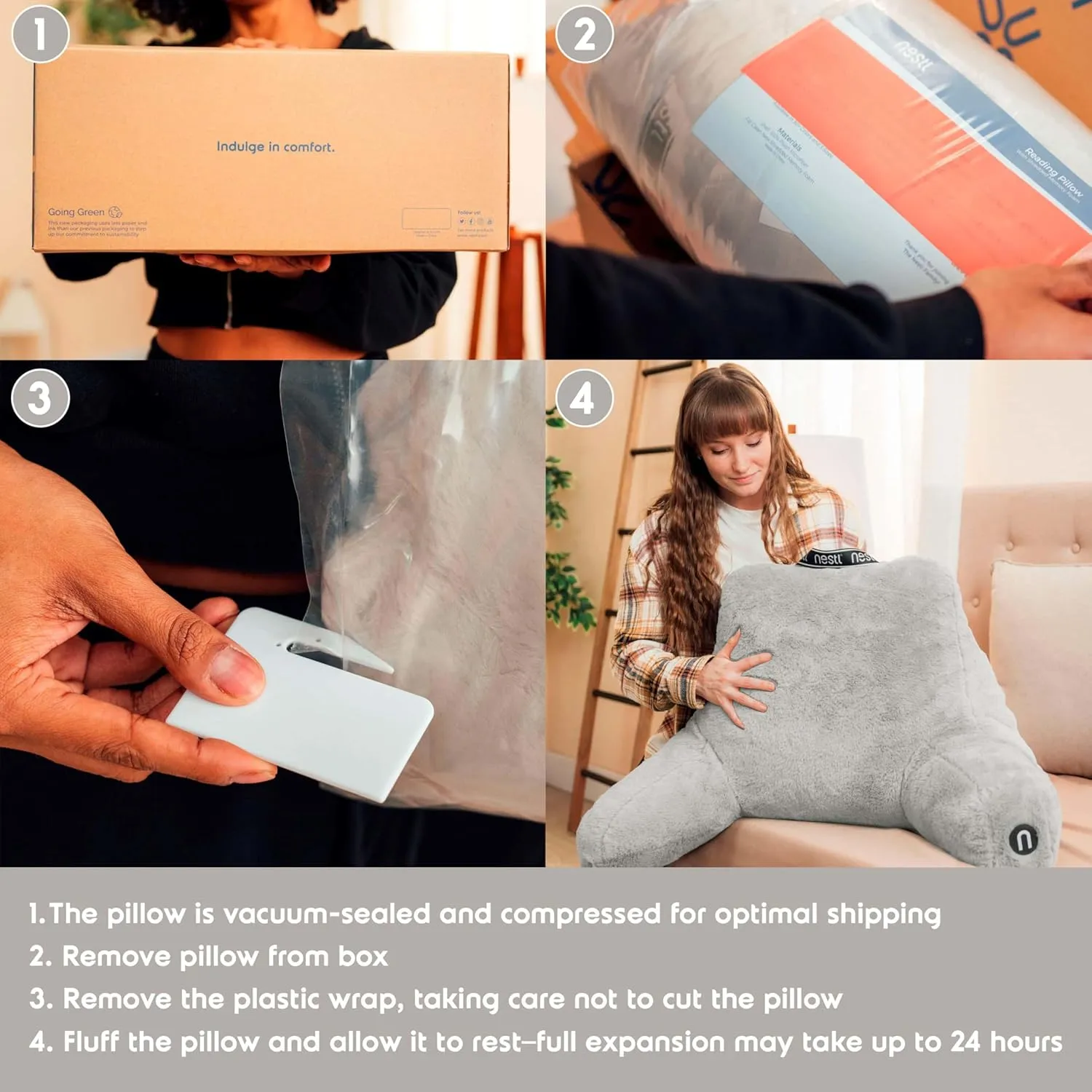 Nestl Fur Reading Pillow with Laptop Lap Desk, Stylish Back Pillow for Sitting Up, Lap Desk with Reading Pillows for Sitting in Bed Adult & Kids, Faux Fur Chair Pillow with Arms - Light Grey