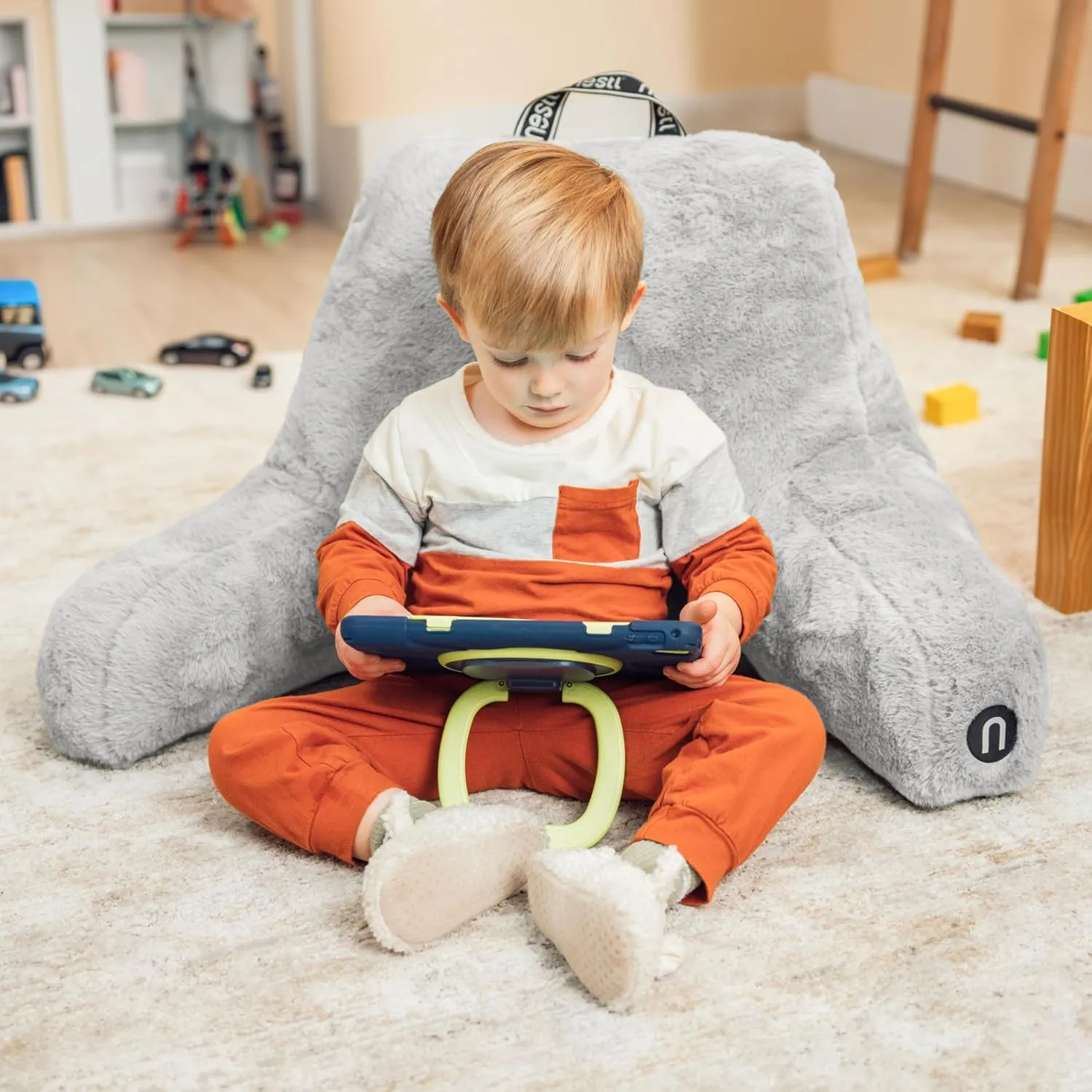Nestl Fur Reading Pillow with Laptop Lap Desk, Stylish Back Pillow for Sitting Up, Lap Desk with Reading Pillows for Sitting in Bed Adult & Kids, Faux Fur Chair Pillow with Arms - Light Grey