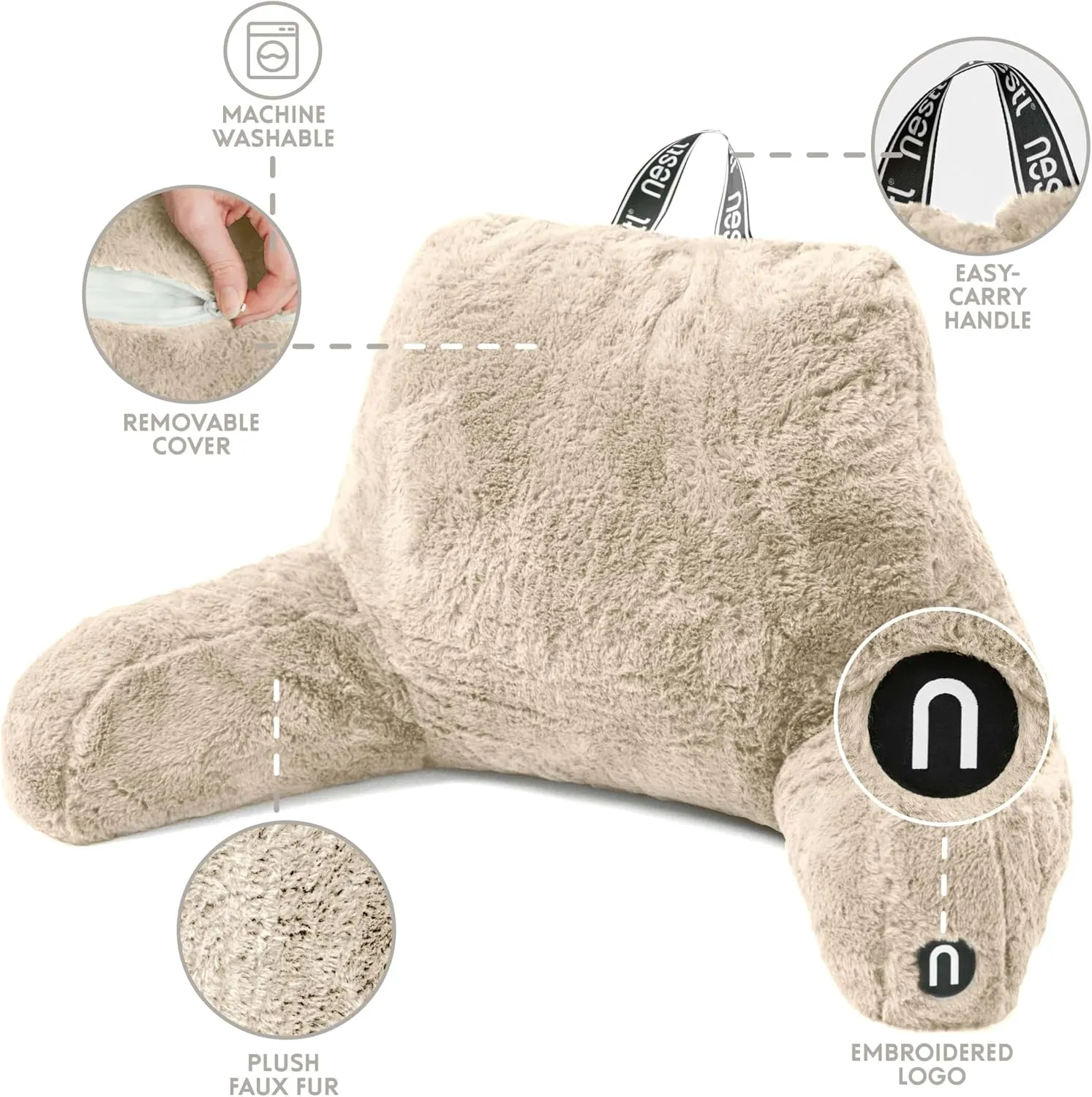 Nestl Fur Reading Pillow with Laptop Lap Desk, Stylish Back Pillow for Sitting Up, Lap Desk with Reading Pillows for Sitting in Bed Adult & Kids, Faux Fur Chair Pillow with Arms - Linen