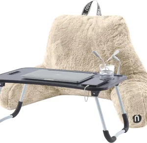Nestl Fur Reading Pillow with Laptop Lap Desk, Stylish Back Pillow for Sitting Up, Lap Desk with Reading Pillows for Sitting in Bed Adult & Kids, Faux Fur Chair Pillow with Arms - Linen