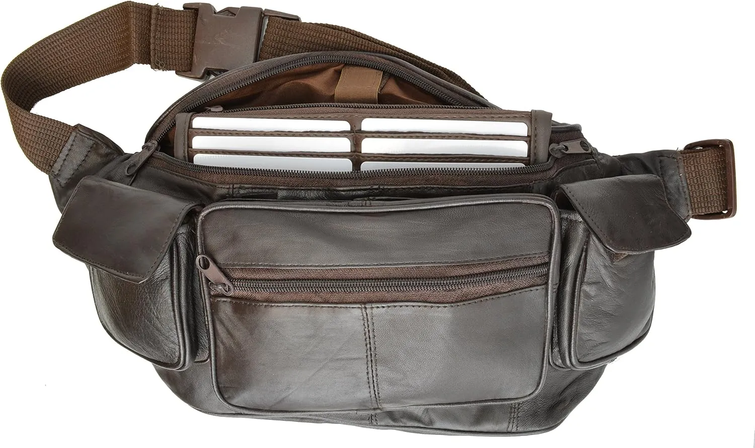 New Large Leather Waist Hip Lumbar Fanny Pack Bag with Dual Cell Phone Pocket (Brown)