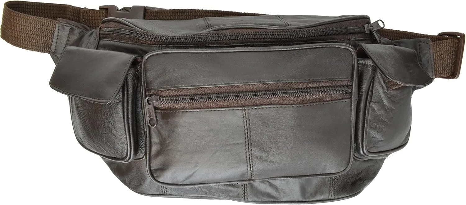 New Large Leather Waist Hip Lumbar Fanny Pack Bag with Dual Cell Phone Pocket (Brown)