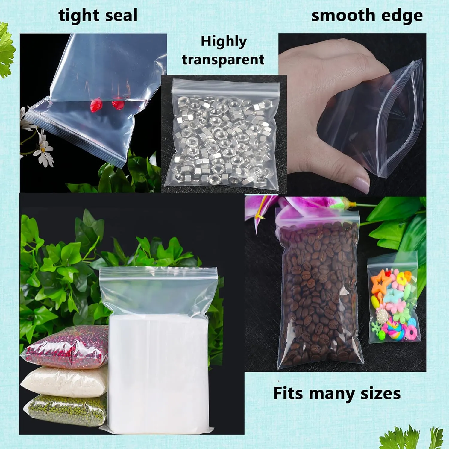 newlng Small Bag 500PCS Small Plastic Bags Resealable Poly Bags 6.3mil Clear Poly Bag for Jewelry, Candy,Snacks, Bead, Coins, Crafts, Seeds (5 Assorted Sizes)