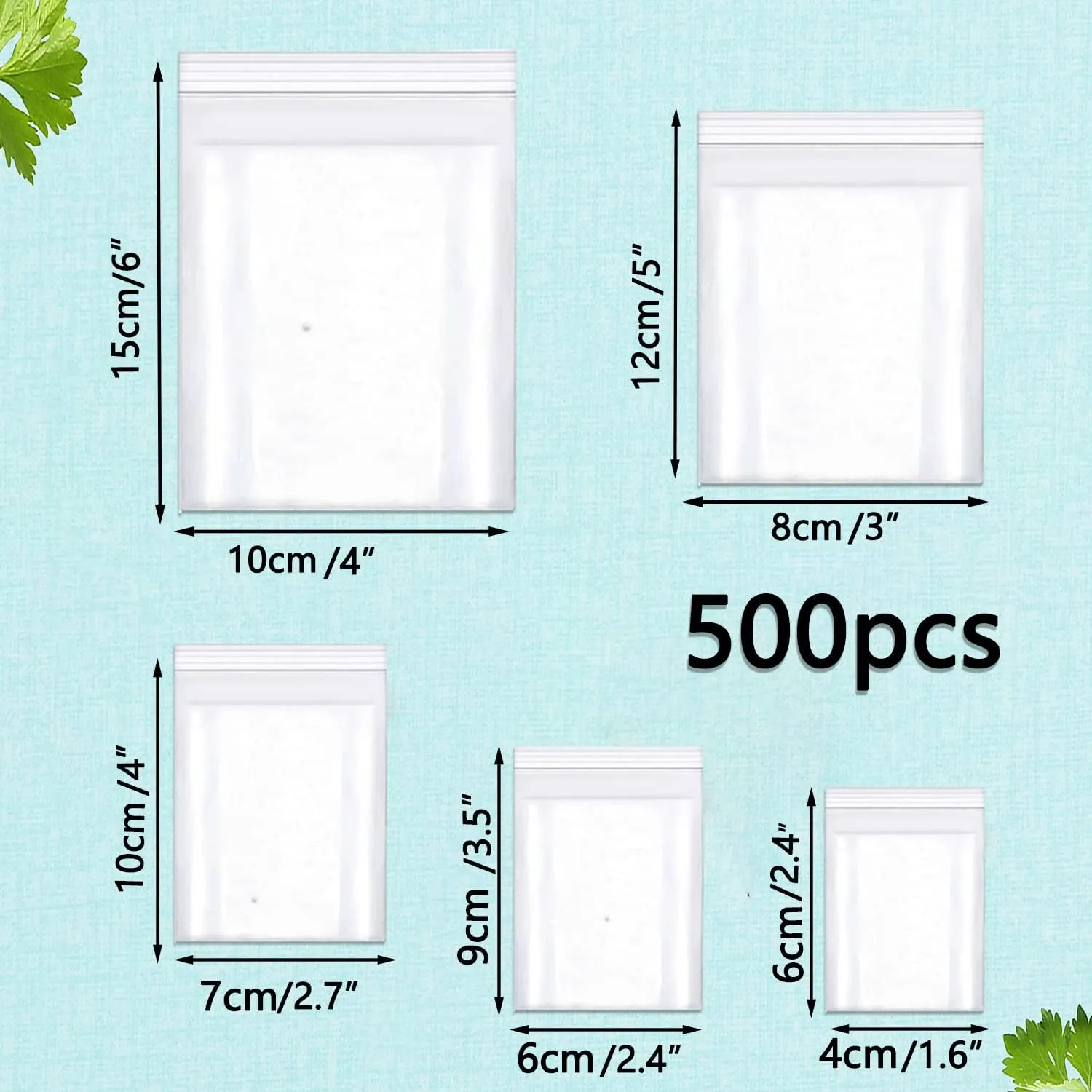 newlng Small Bag 500PCS Small Plastic Bags Resealable Poly Bags 6.3mil Clear Poly Bag for Jewelry, Candy,Snacks, Bead, Coins, Crafts, Seeds (5 Assorted Sizes)