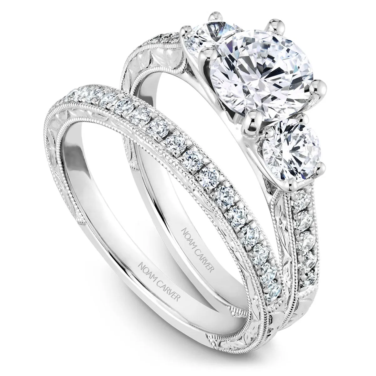 Noam Carver Vintage Three-Stone Diamond Engagement Ring Setting in White Gold