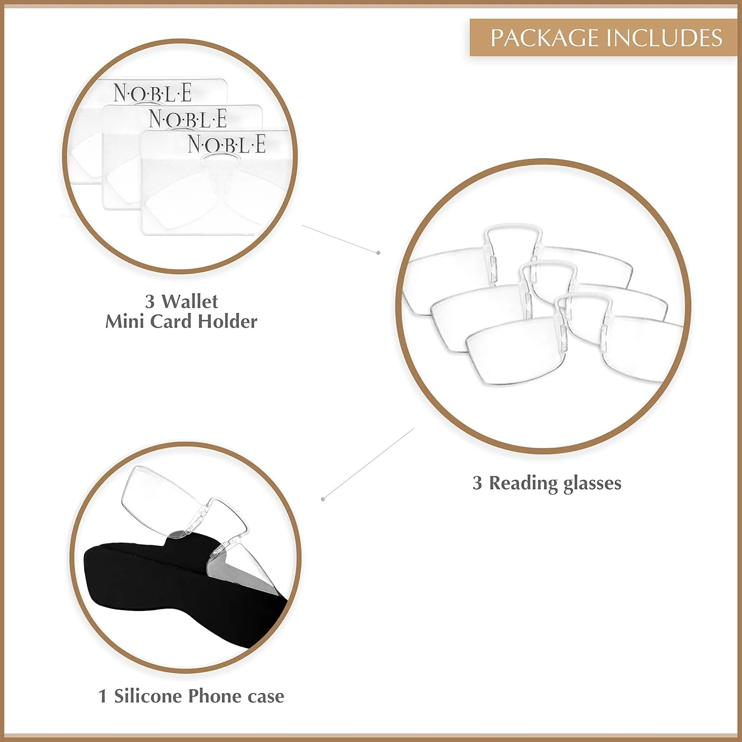 Noble Small Reading Glasses (3 Pack) - Rimless Readers with 3 Wallet Credit Card Holders and 1 Cell Phone Case - Pocket Magnifying Cheaters for Men and Women ( 2.00)