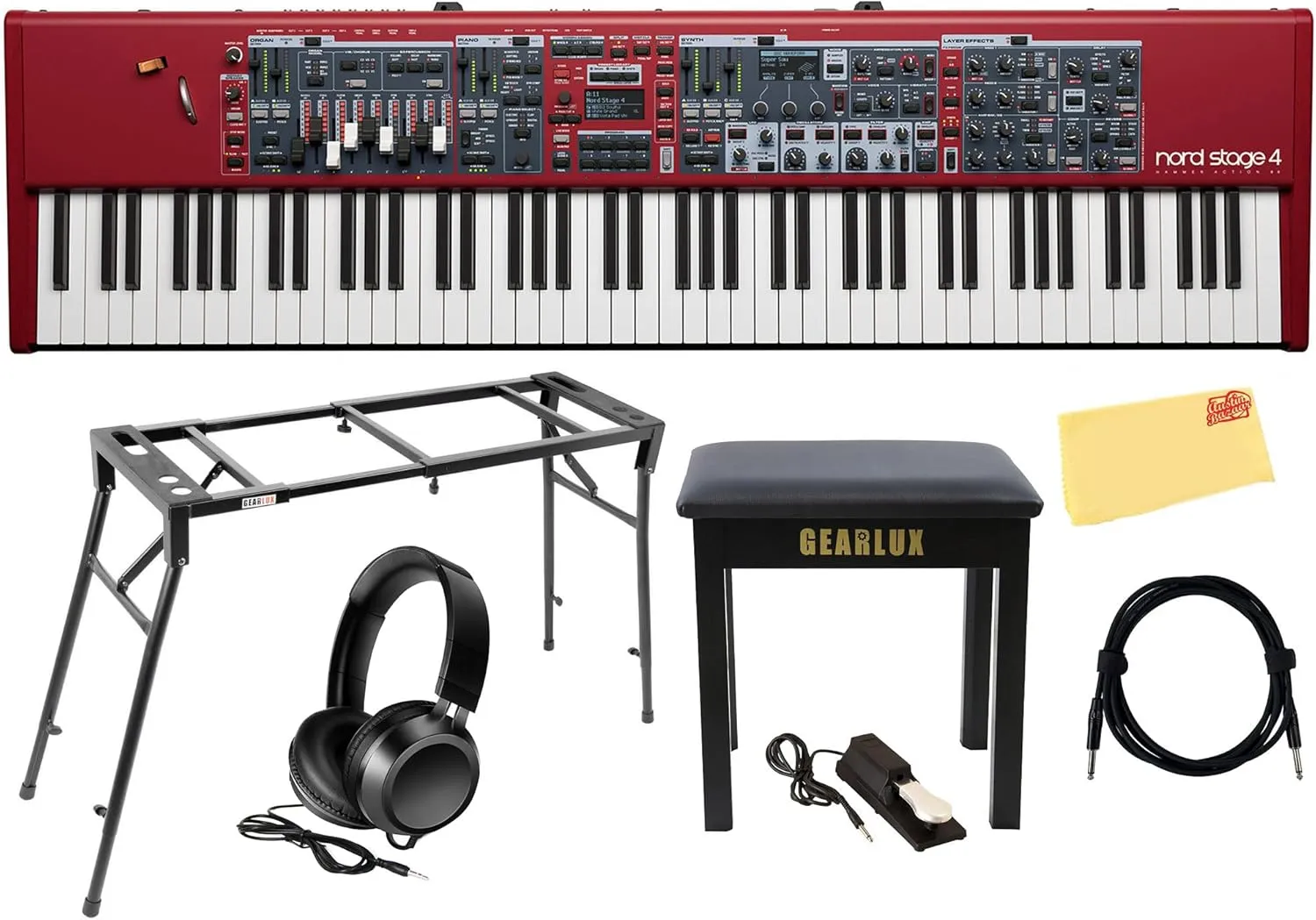 Nord Stage 4 88 Digital Piano Bundle with Adjustable Stand, Bench, Sustain Pedal, Headphones, Instrument Cable, and Austin Bazaar Polishing Cloth