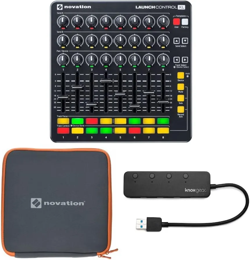 Novation Launch Control XL MIDI USB Ableton Live Controller Bundle with Case and 4 Port USB Hub
