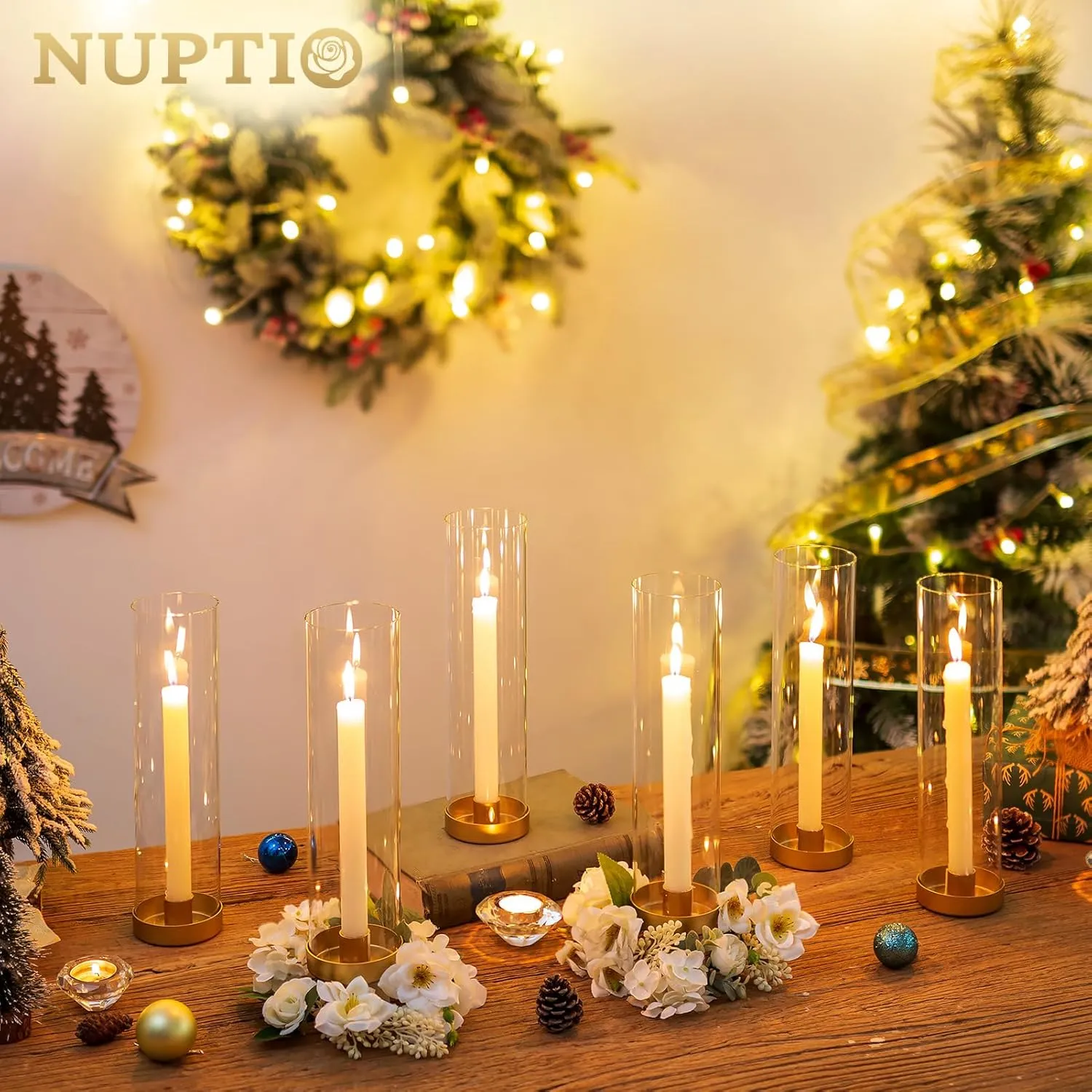 NUPTIO Hurricane Glass Candle Holders: 6 Pcs Gold Metal Taper Candlesticks Holder with 11.81 inch Long Clear Bottomless Cylinder Cover Stands for Wedding Anniversary Bridal Shower Table Centerpiece