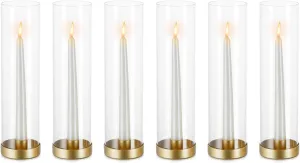 NUPTIO Hurricane Glass Candle Holders: 6 Pcs Gold Metal Taper Candlesticks Holder with 11.81 inch Long Clear Bottomless Cylinder Cover Stands for Wedding Anniversary Bridal Shower Table Centerpiece