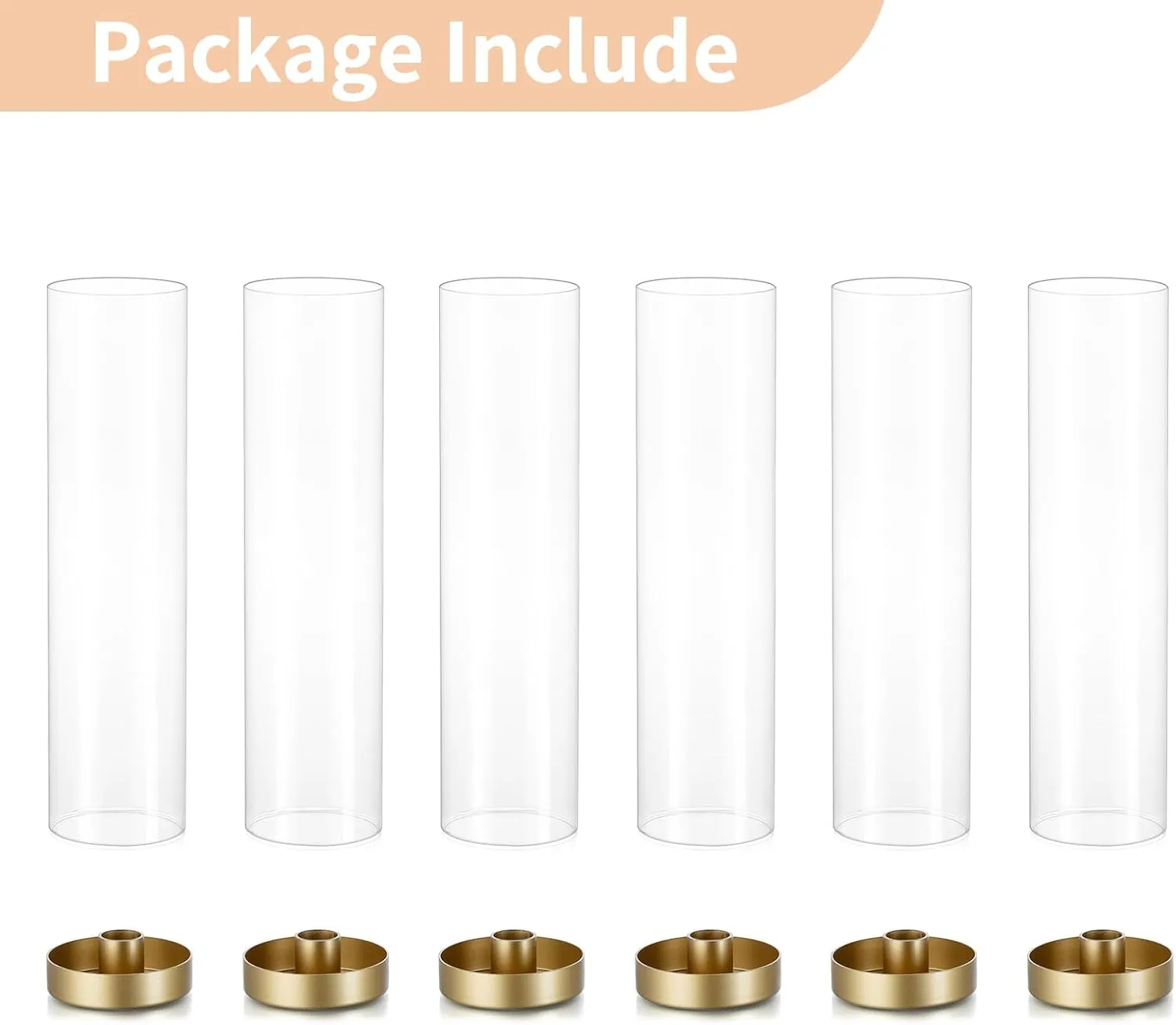 NUPTIO Hurricane Glass Candle Holders: 6 Pcs Gold Metal Taper Candlesticks Holder with 11.81 inch Long Clear Bottomless Cylinder Cover Stands for Wedding Anniversary Bridal Shower Table Centerpiece