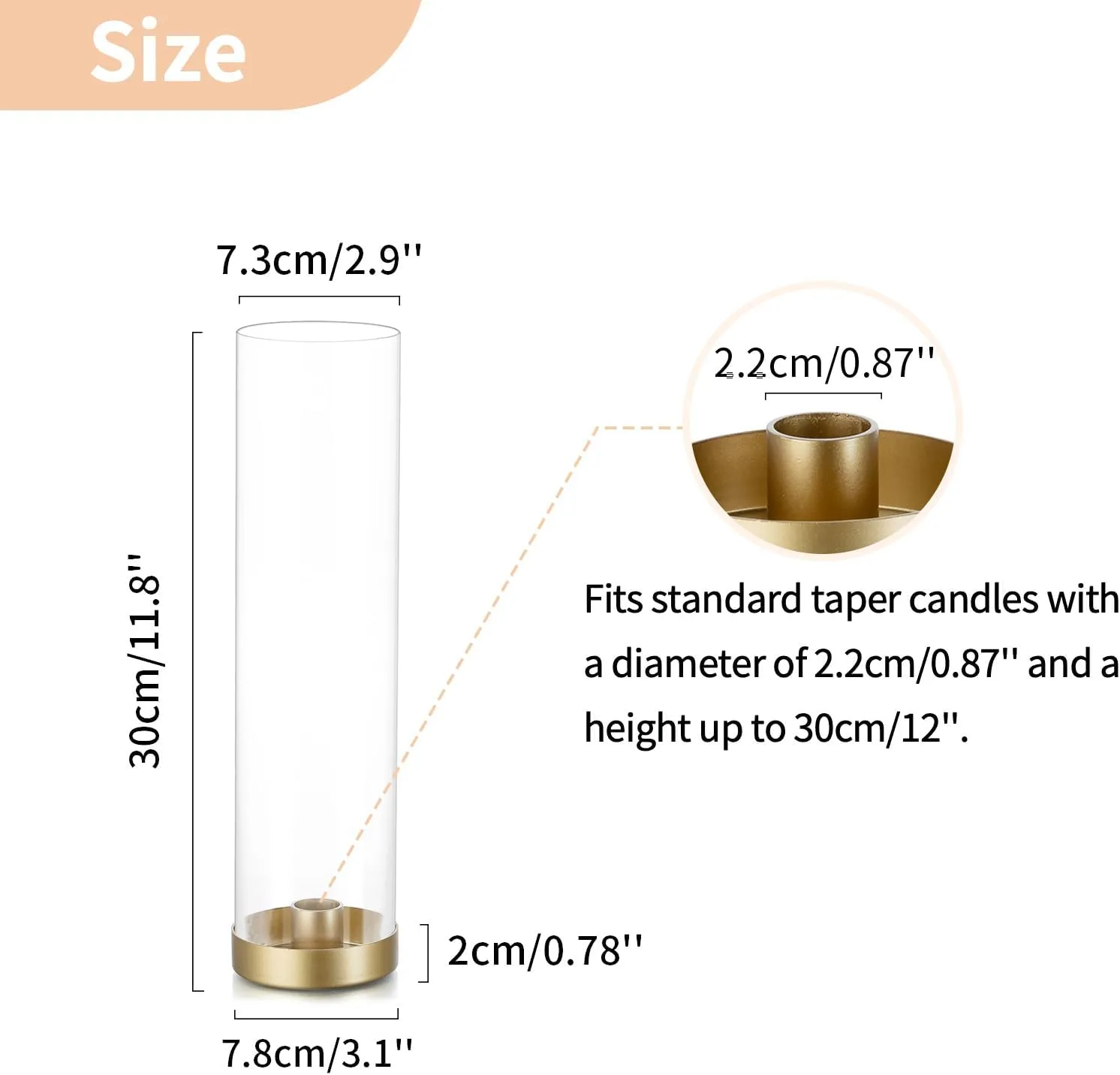 NUPTIO Hurricane Glass Candle Holders: 6 Pcs Gold Metal Taper Candlesticks Holder with 11.81 inch Long Clear Bottomless Cylinder Cover Stands for Wedding Anniversary Bridal Shower Table Centerpiece