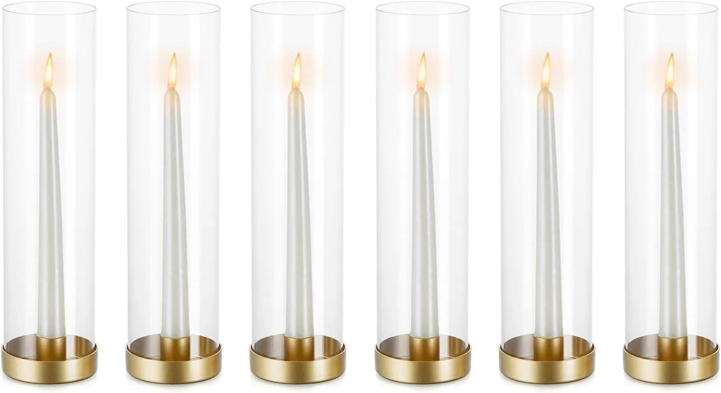 NUPTIO Hurricane Glass Candle Holders: 6 Pcs Gold Metal Taper Candlesticks Holder with 11.81 inch Long Clear Bottomless Cylinder Cover Stands for Wedding Anniversary Bridal Shower Table Centerpiece