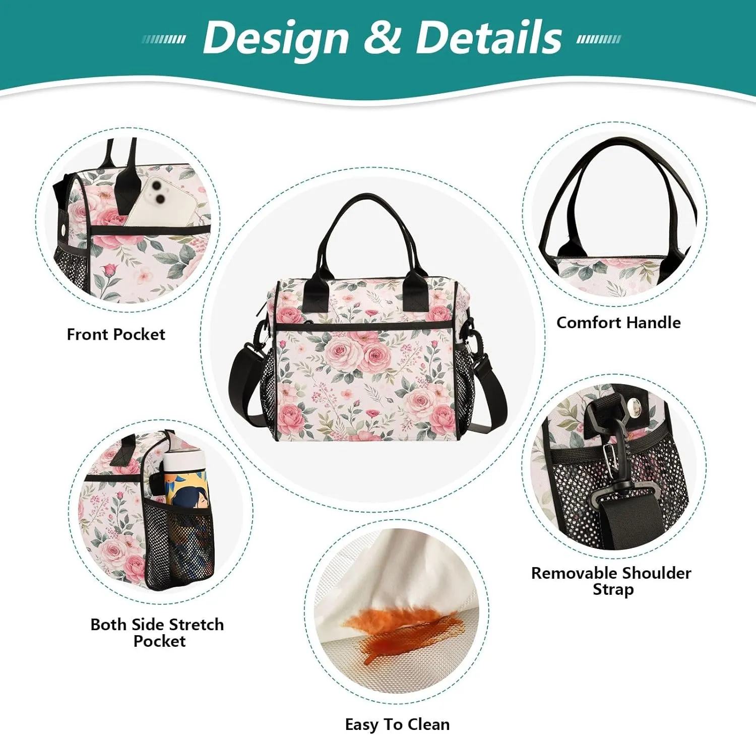 ODAWA Roses Leaves Beige Lunch Cooler Bag with Adjustable Shoulder Strap, Women's Lunch Bag for Work