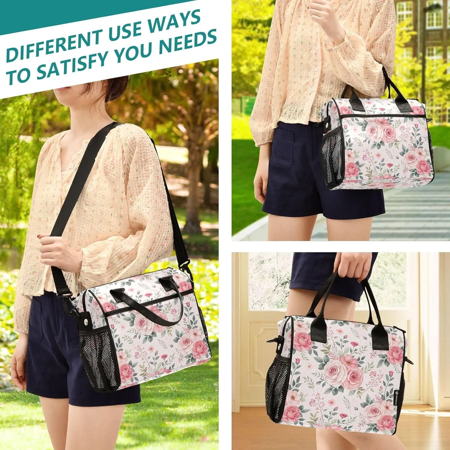 ODAWA Roses Leaves Beige Lunch Cooler Bag with Adjustable Shoulder Strap, Women's Lunch Bag for Work