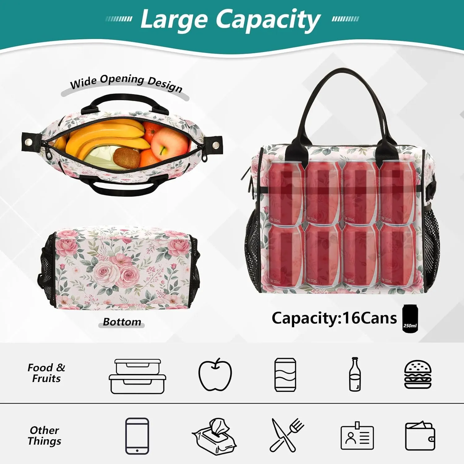 ODAWA Roses Leaves Beige Lunch Cooler Bag with Adjustable Shoulder Strap, Women's Lunch Bag for Work