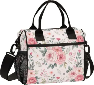 ODAWA Roses Leaves Beige Lunch Cooler Bag with Adjustable Shoulder Strap, Women's Lunch Bag for Work