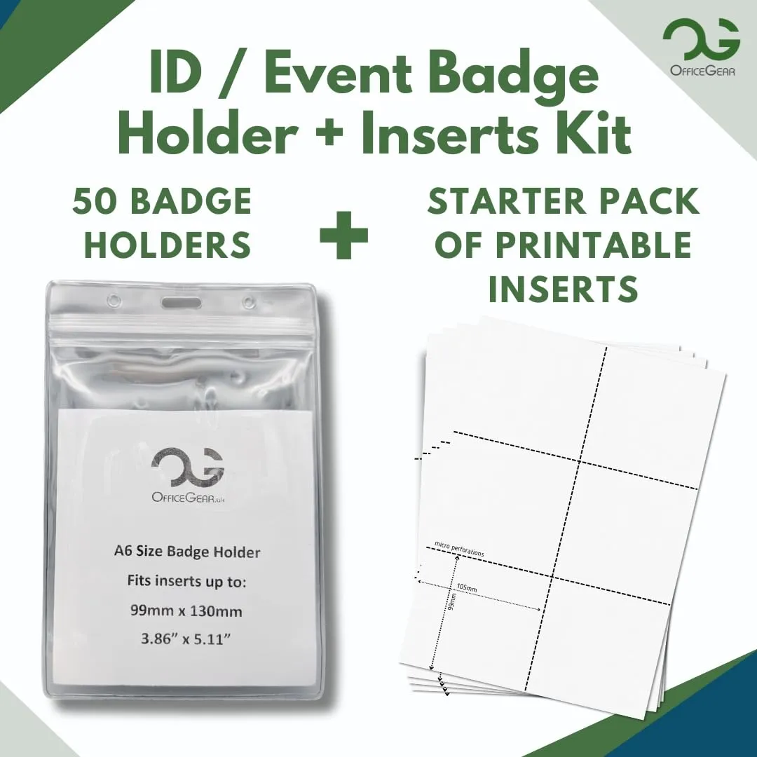 OfficeGear Event Badge Holder [50 Pack] Vertical Hanging Size A6 (4x6 inch 105x150mm) Plus Printable Inserts - Ziplock Vertical Holder for ID Cards, Passports, Delegate, Exhibitor, Visitor Badge