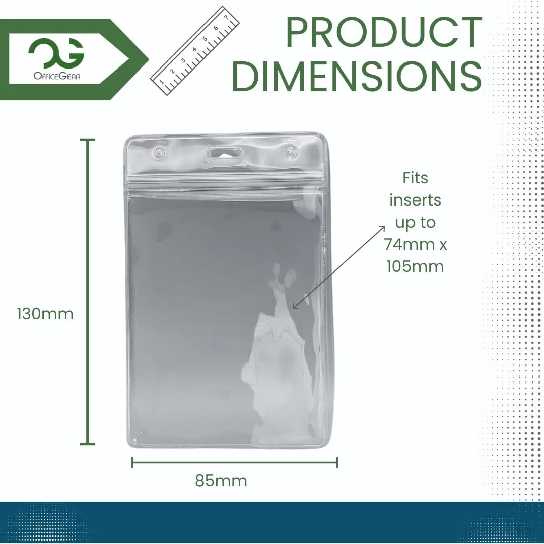 OfficeGear ID Badge Holder [100 Pack] Vertical Hanging Size A7 (3x4 inch 74x105mm) Plus 100x Lapel Clips - Ziplock Closure for ID Cards Licences Delegate Exhibitor Visitor Badges