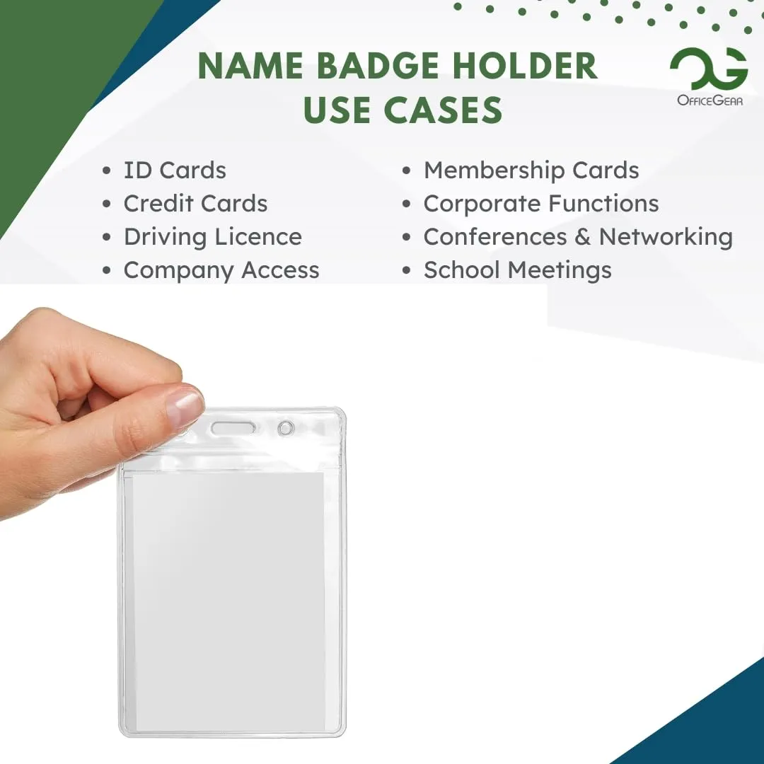 OfficeGear ID Badge Holder [100 Pack] Vertical Hanging Size A7 (3x4 inch 74x105mm) Plus 100x Lapel Clips - Ziplock Closure for ID Cards Licences Delegate Exhibitor Visitor Badges