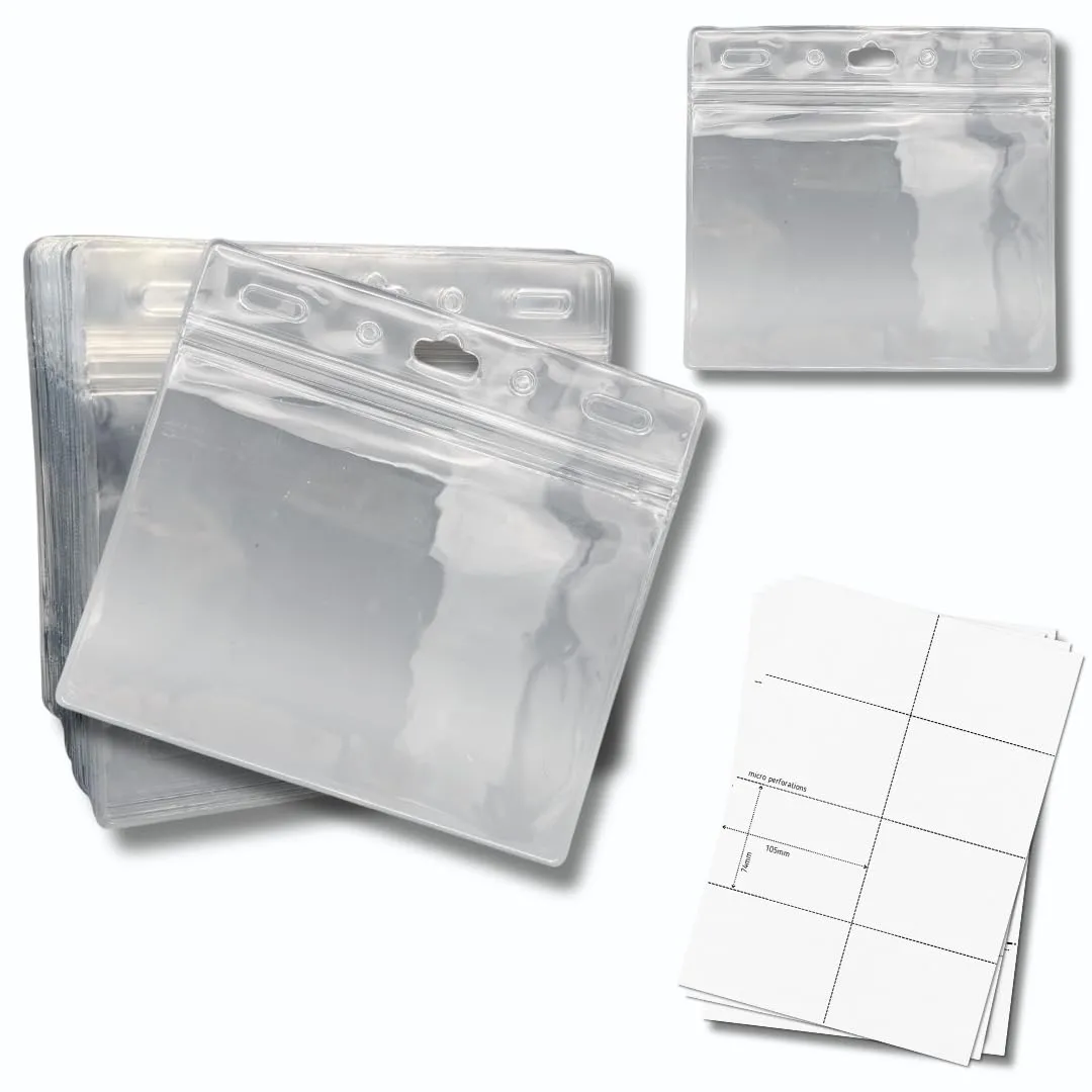 OfficeGear ID Badge Holder [50 Pack] Horizontal Hanging Size A7 (4x3 inch 150x74mm) Plus Printable Inserts - Ziplock Horizontal Holder for ID Cards, Licences, Delegate, Exhibitor, Visitor Badge