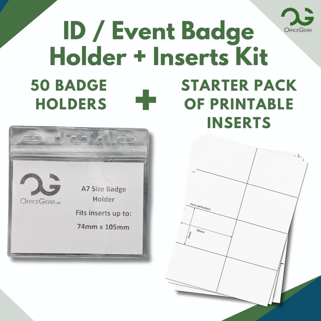 OfficeGear ID Badge Holder [50 Pack] Horizontal Hanging Size A7 (4x3 inch 150x74mm) Plus Printable Inserts - Ziplock Horizontal Holder for ID Cards, Licences, Delegate, Exhibitor, Visitor Badge