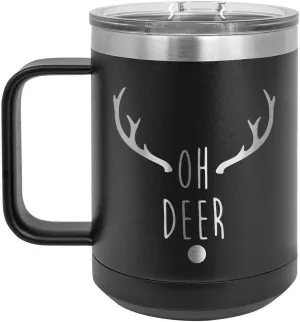 OH DEER Black 15 oz Coffee Cup w/Slide Top Lid | Insulated Travel Coffee Mug | Birthday Or Christmas Gift Ideas From Women or Men | Compare To Yeti Rambler | ONLYGIFTS.COM
