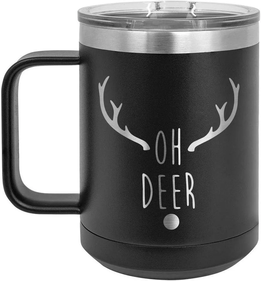 OH DEER Black 15 oz Coffee Cup w/Slide Top Lid | Insulated Travel Coffee Mug | Birthday Or Christmas Gift Ideas From Women or Men | Compare To Yeti Rambler | ONLYGIFTS.COM