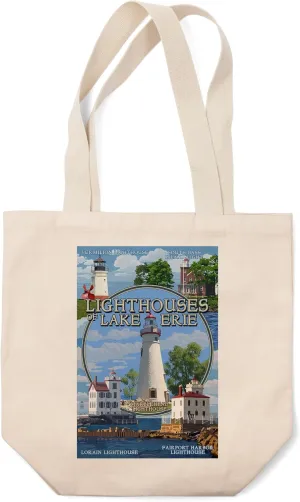 Ohio, The Lighthouses of Lake Erie (100% Cotton Canvas Reusable Tote Bag)