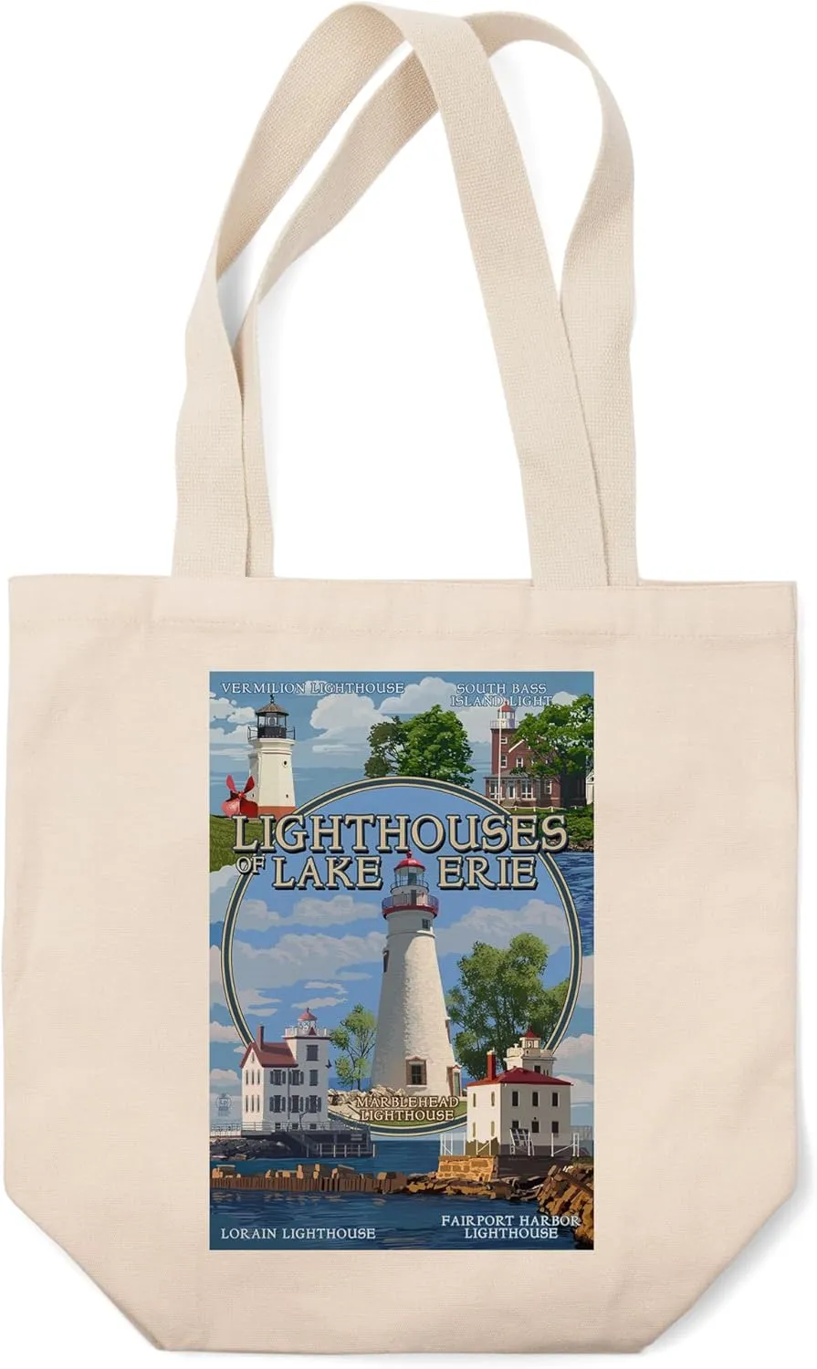 Ohio, The Lighthouses of Lake Erie (100% Cotton Canvas Reusable Tote Bag)