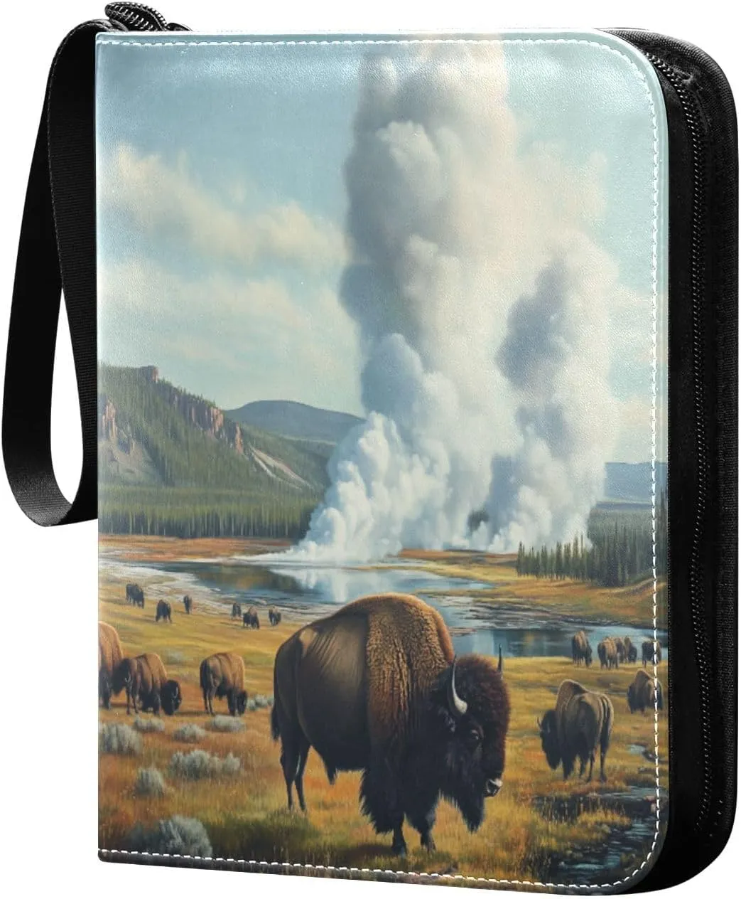 Oil Painting Bison Grazing Cards Binder 4 Pocket Fits 400 Cards with 50 Removable Sleevesves, Trading Card Collector Zipper Album Holder Portable Card Games Display Storage Cases