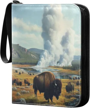 Oil Painting Bison Grazing Cards Binder 4 Pocket Fits 400 Cards with 50 Removable Sleevesves, Trading Card Collector Zipper Album Holder Portable Card Games Display Storage Cases