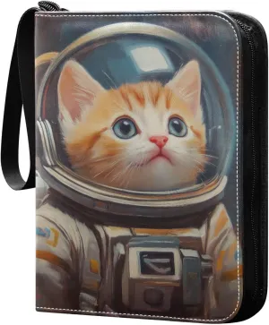Oil Painting Cat Astronaut Suit Cards Binder 4 Pocket Fits 400 Cards with 50 Removable Sleevesves, Trading Card Collector Zipper Album Holder Portable Card Games Display Storage Cases