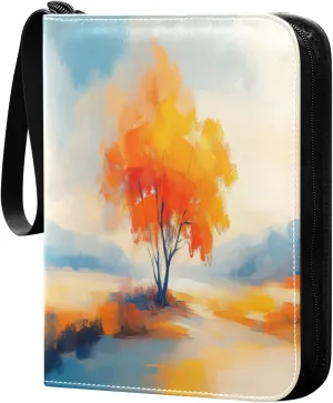 Oil Painting Landscape Autumn Tree Cards Binder 4 Pocket Fits 400 Cards with 50 Removable Sleevesves, Trading Card Collector Zipper Album Holder Portable Card Games Display Storage Cases