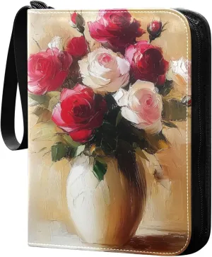 Oil Painting Of Roses Cards Binder 4 Pocket Fits 400 Cards with 50 Removable Sleevesves, Trading Card Collector Zipper Album Holder Portable Card Games Display Storage Cases