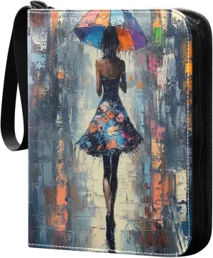 Oil Painting Woman Holding Umbrella Cards Binder 4 Pocket Fits 400 Cards with 50 Removable Sleevesves, Trading Card Collector Zipper Album Holder Portable Card Games Display Storage Cases