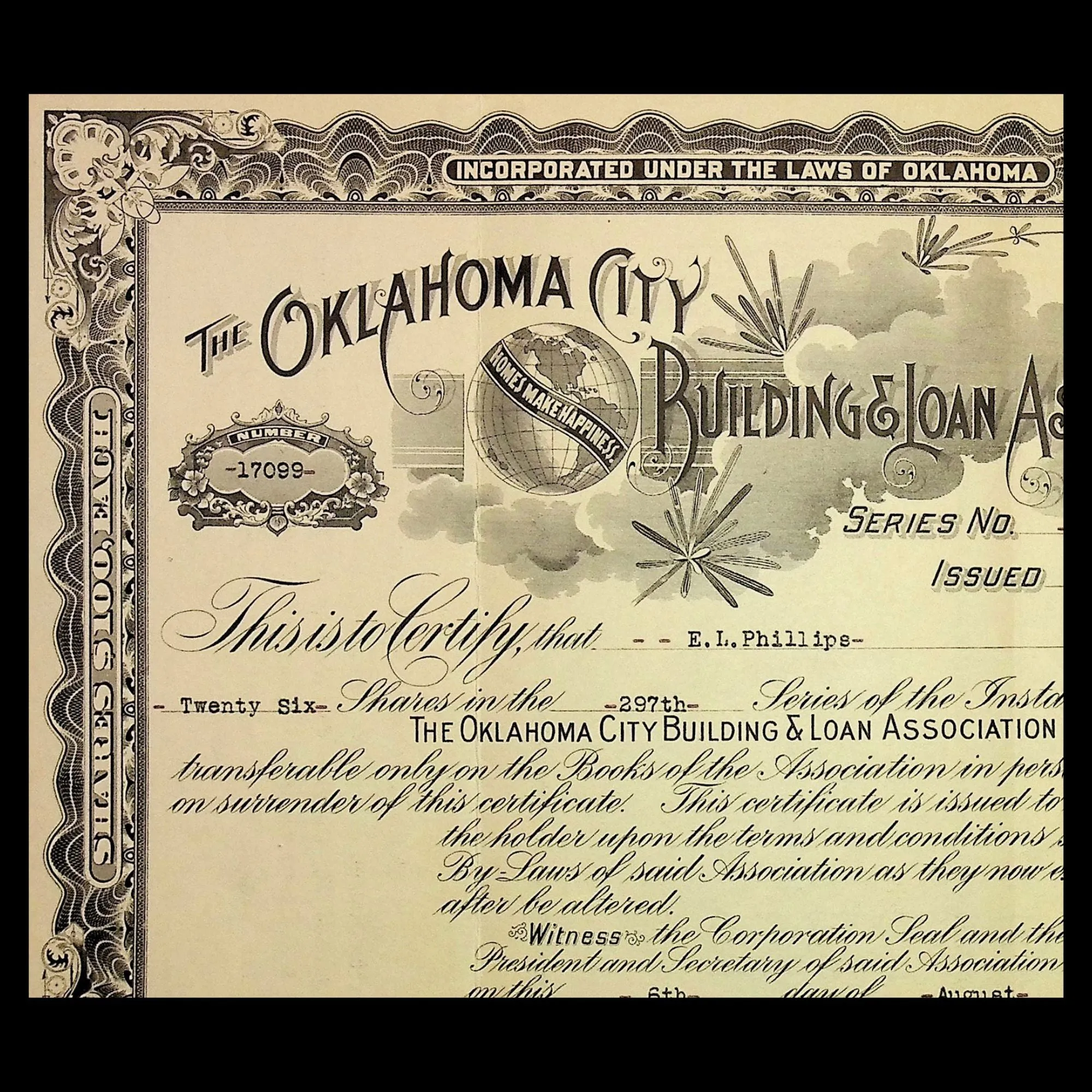 Oklahoma City Building & Loan Association Stock Certificate from 1923