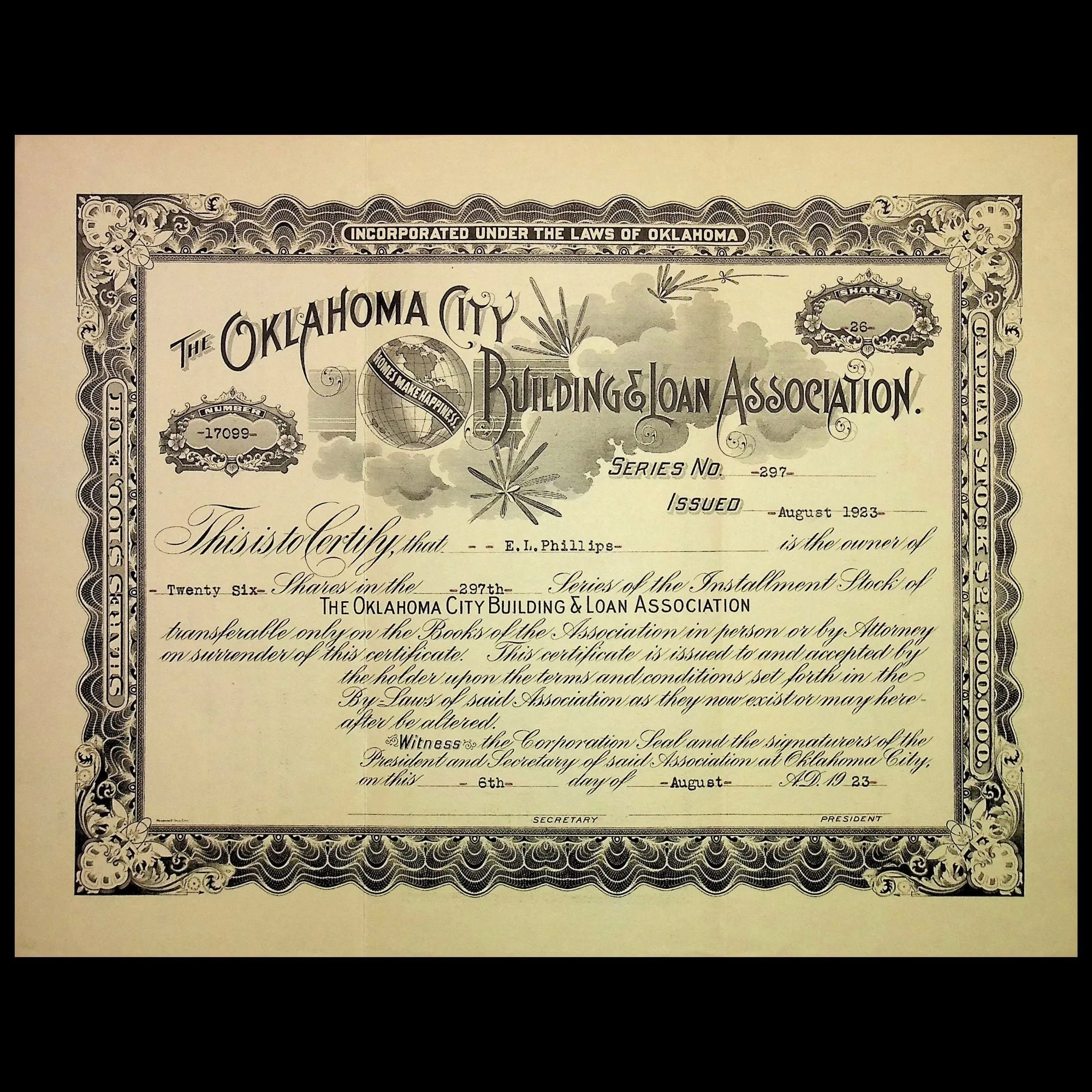 Oklahoma City Building & Loan Association Stock Certificate from 1923