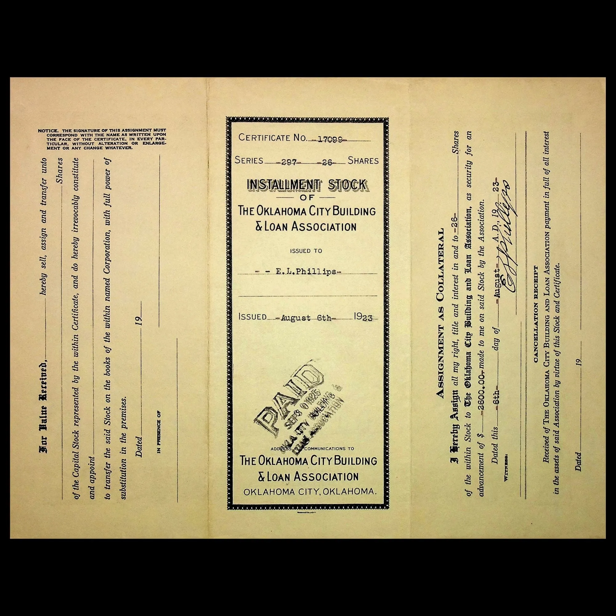 Oklahoma City Building & Loan Association Stock Certificate from 1923