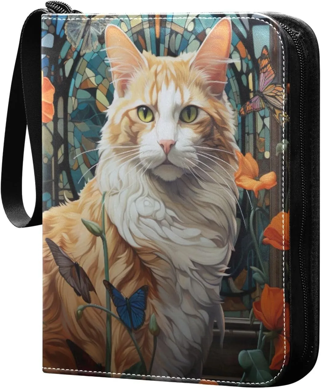 Orange Cat Painting Card Binder 4 Pocket Trading Card Album Fits 400 Sports/Game Cards, PU Cover 3 Ring Card Collection with 50 Removable Sleeves