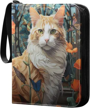 Orange Cat Painting Card Binder 4 Pocket Trading Card Album Fits 400 Sports/Game Cards, PU Cover 3 Ring Card Collection with 50 Removable Sleeves