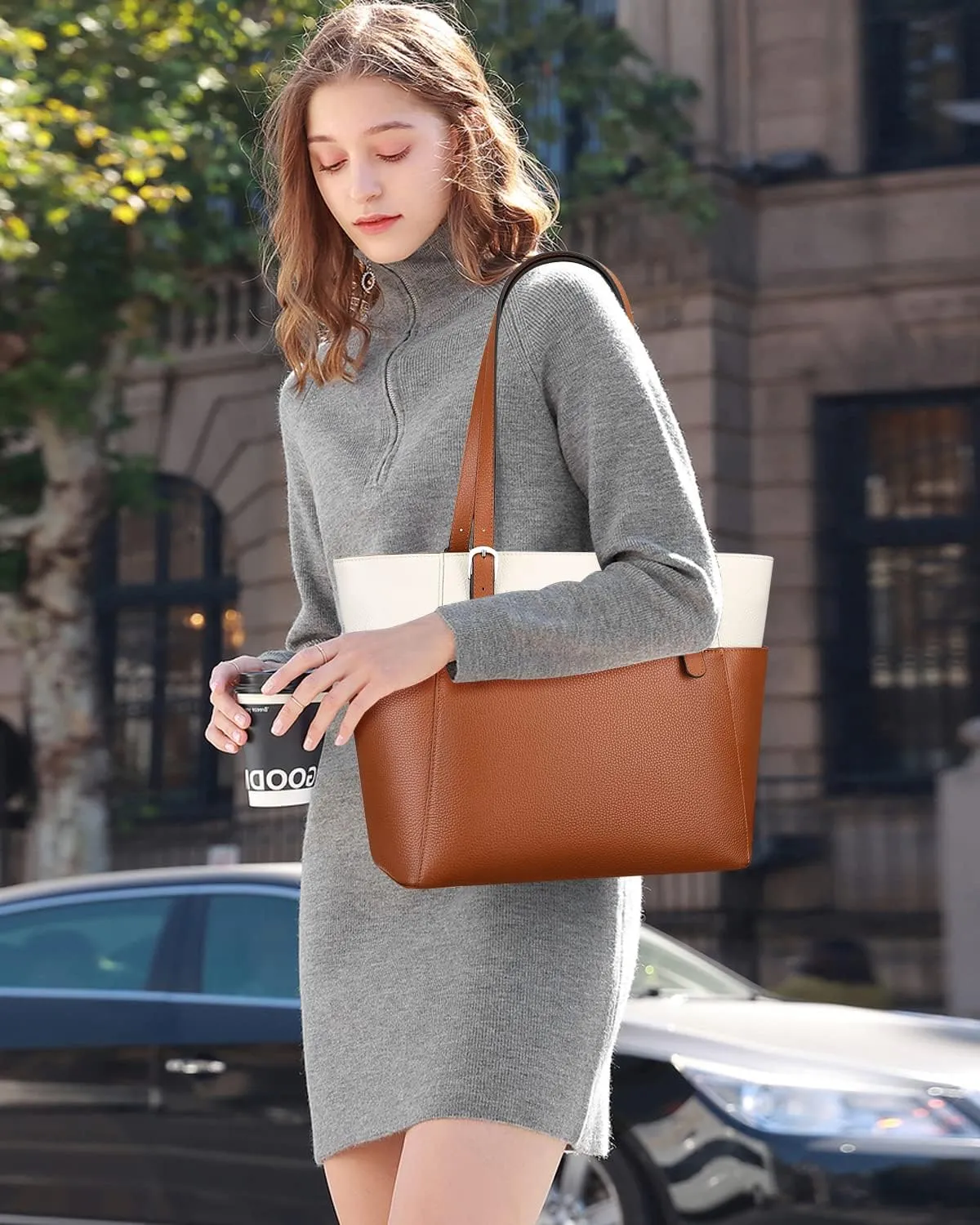 Over Earth Women Genuine Leather Handbags Tote Shoulder Bag with Multi Pockets