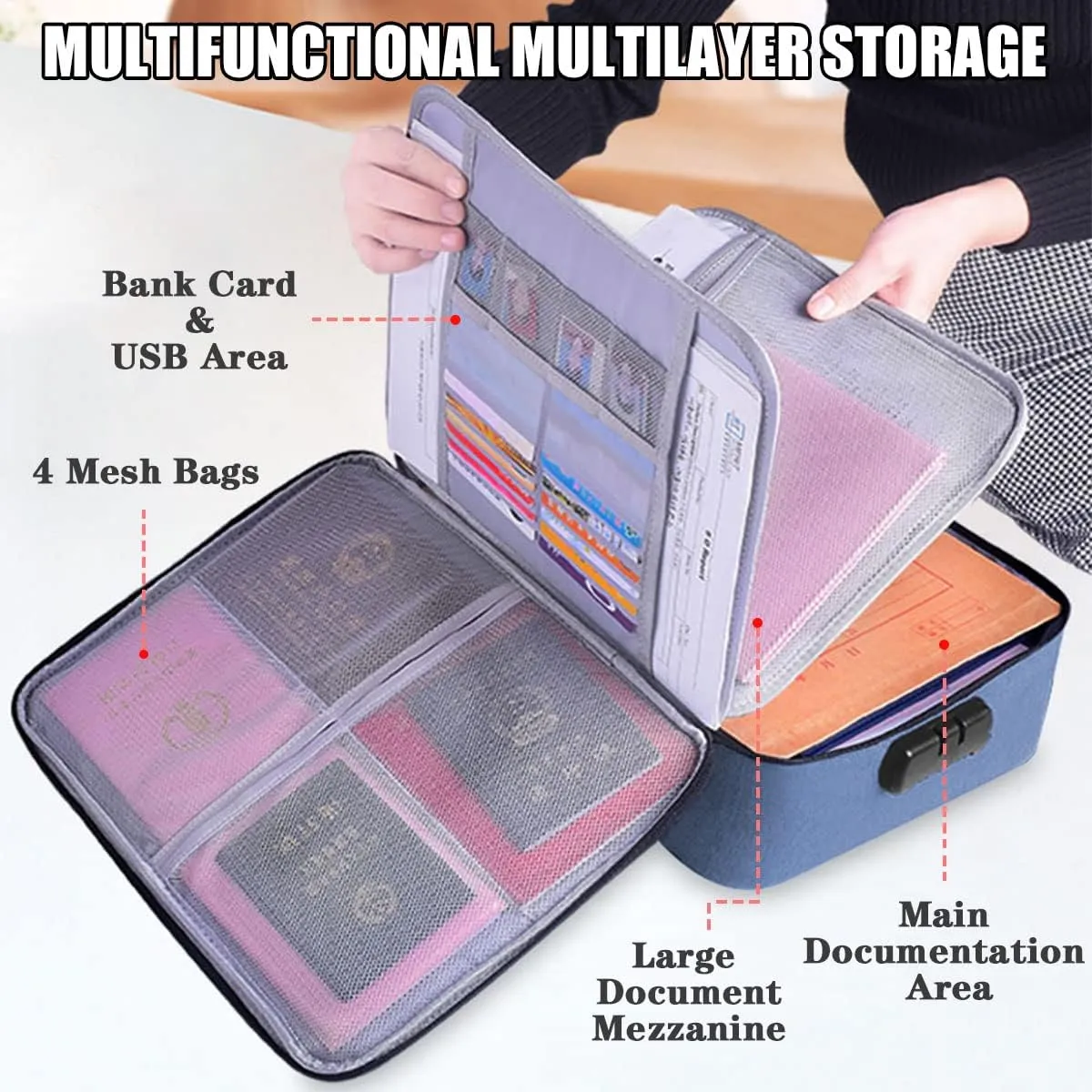 Oxford Document Organizer with Safe Code Lock,High-Capacity Storage Pouch Credential Bag Diploma Storage Important Document and File Pocket, Laptop,Passports,Bank Cards Valuables Travel Bag (Blue)
